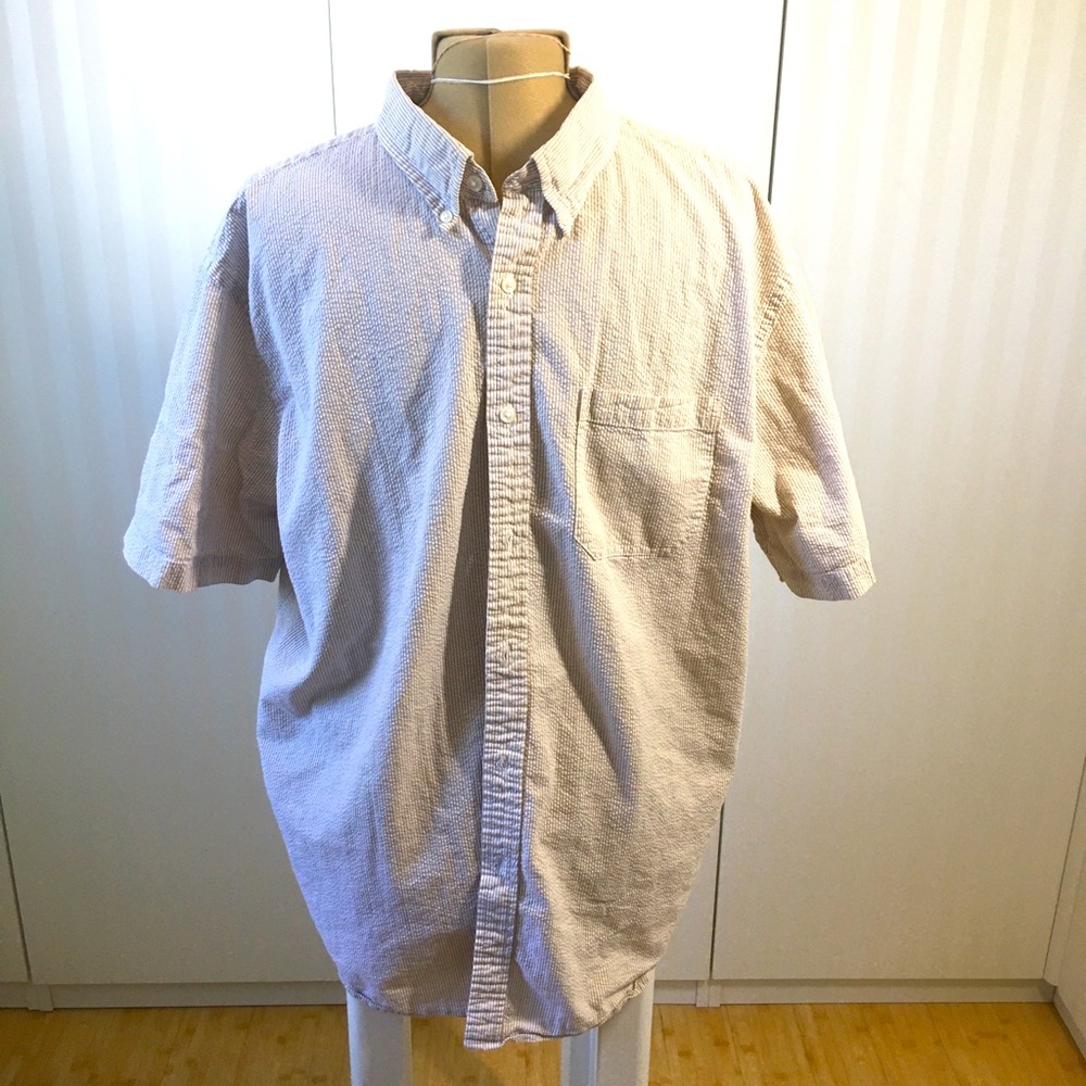 LL Bean white brown pinstripe cotton button down short sleeve shirt Size XL